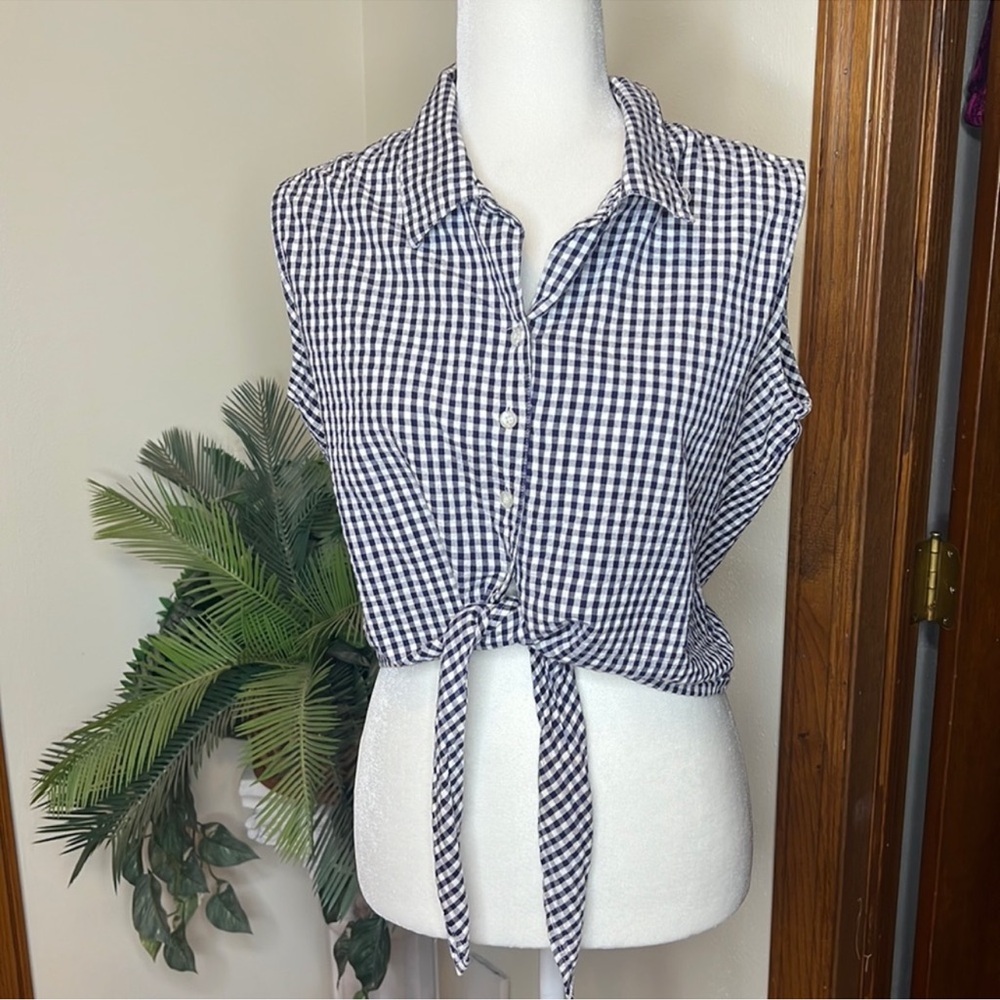 Blue and White Gingham Tie Front Top